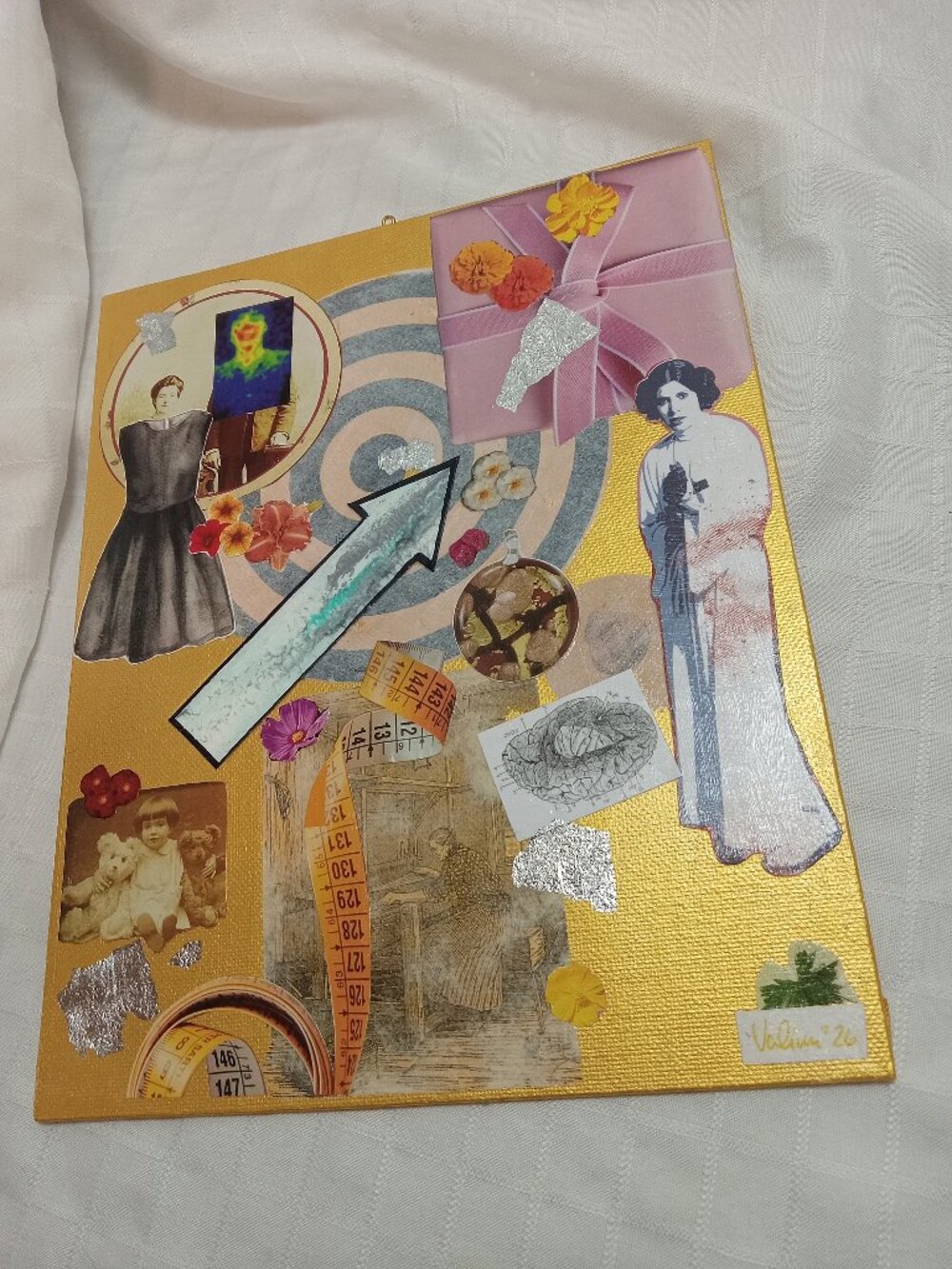 Prints of old magazines on canvas, gold paint, and mixed-media collages